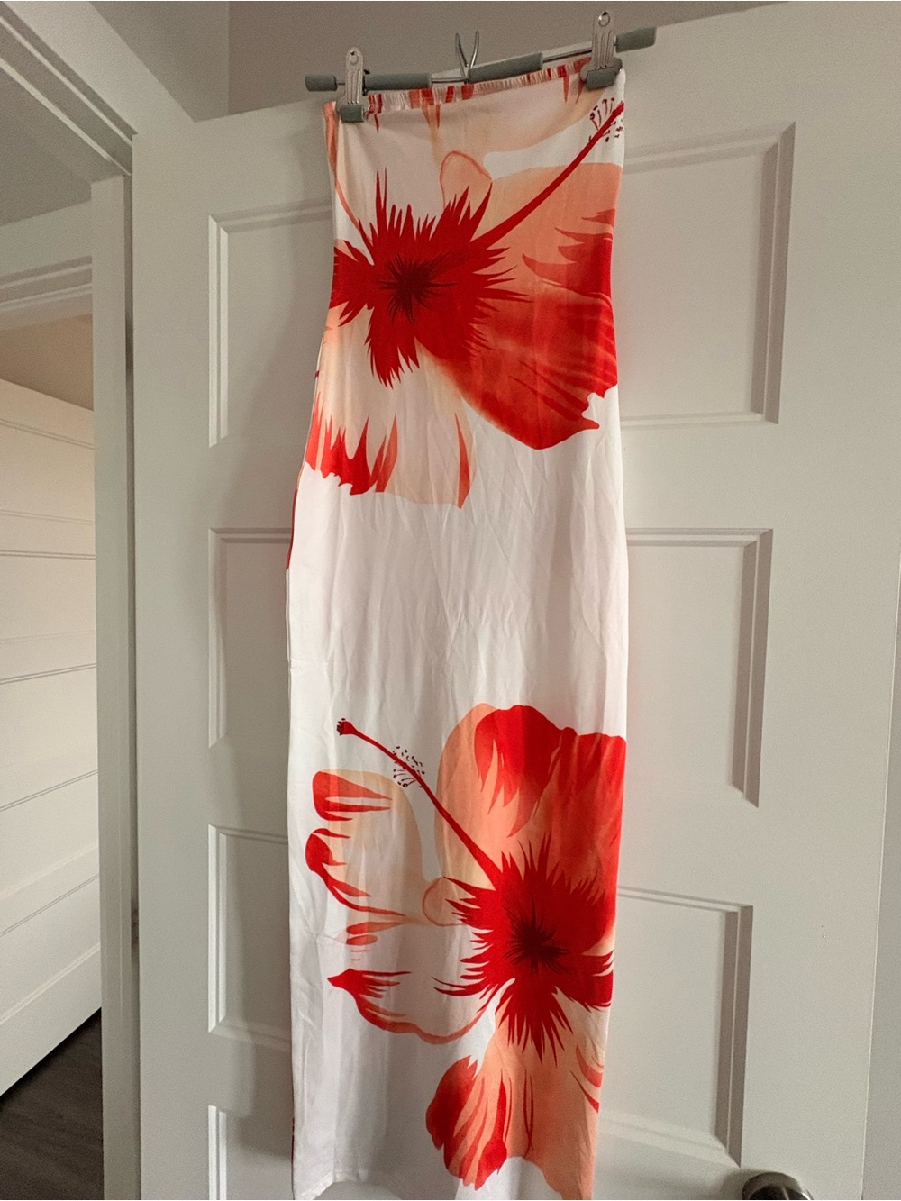 Strapless White Maxi Dress with Bold Red Floral Print